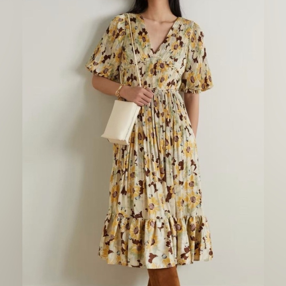 Polo Ralph Lauren Floral Print Pleated Satin V-Neck Plisse Midi Dress 2 $698